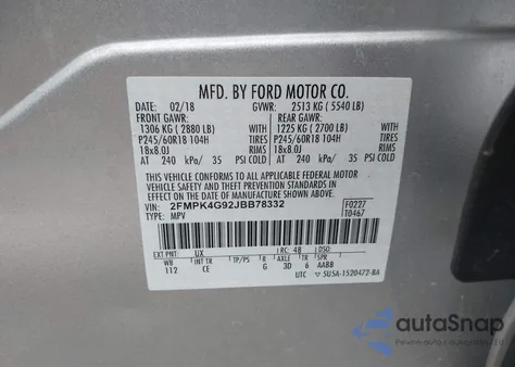 2018 Ford Edge Se из США, поврежденный, VIN 2FMPK4G92JBB78332